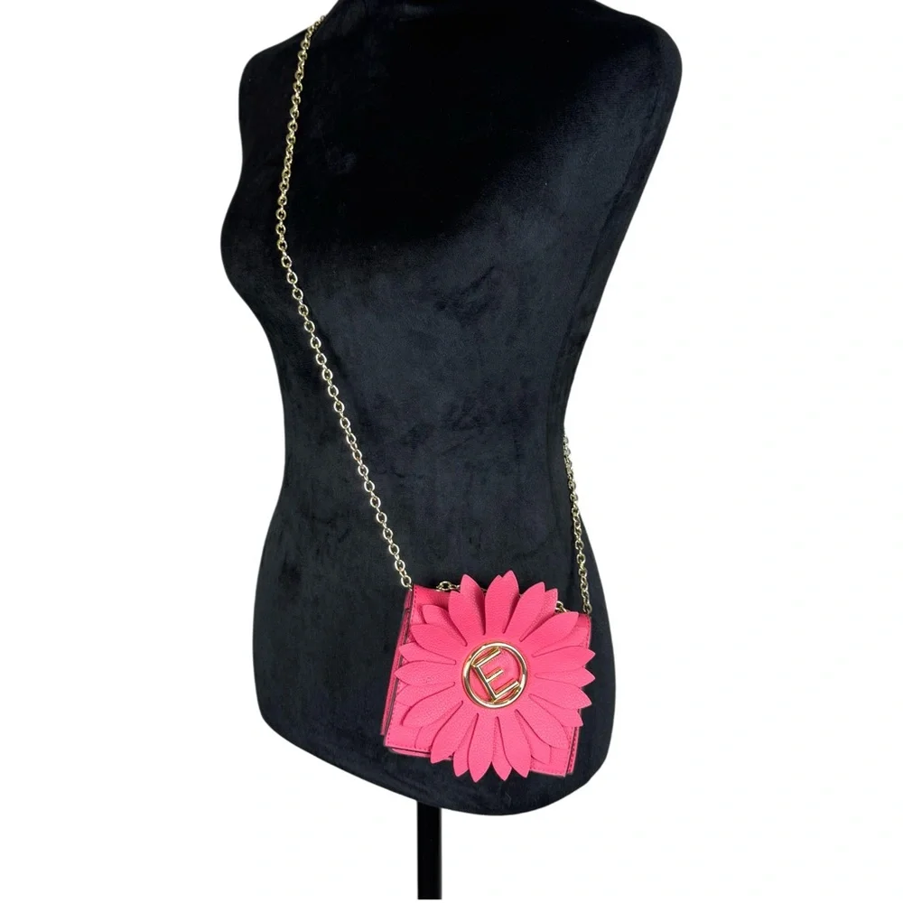 Pink Micro Purse Large Flower Embellishment Gold Accents, “E”  And Chain 5x4” - Picture 2 of 12